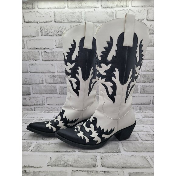 Ann Creek Western Cowboy Knee High Boots White Black High Stitch Contrast Sz 10 - Picture 1 of 8
